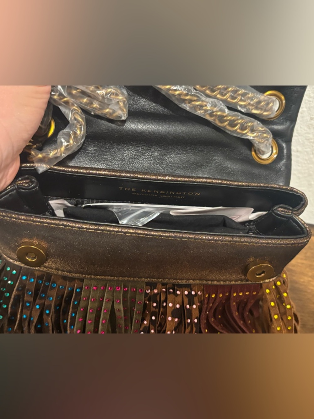 Kurt Geiger Mini Kensington Leather Fringe Crossbody Bag with Multicolor Studs - Picture 11 of 15